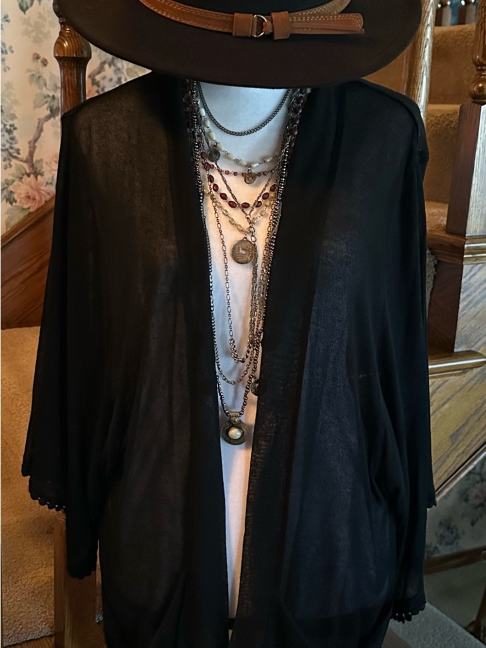 Bobbi Rocco Kimono Duster; Black W/Pockets & Wide Sleeves W/Pom Pom Trim; Sz Med
